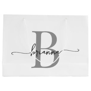 Grand Sac Cadeau Monogramme élégant Script initial Gris blanc moder