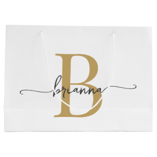 Grand Sac Cadeau Monogramme élégant Script initial Or blanc moderne
