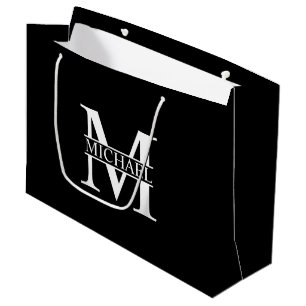 Grand Sac Cadeau Monogramme et nom personnalisés noir et blanc
