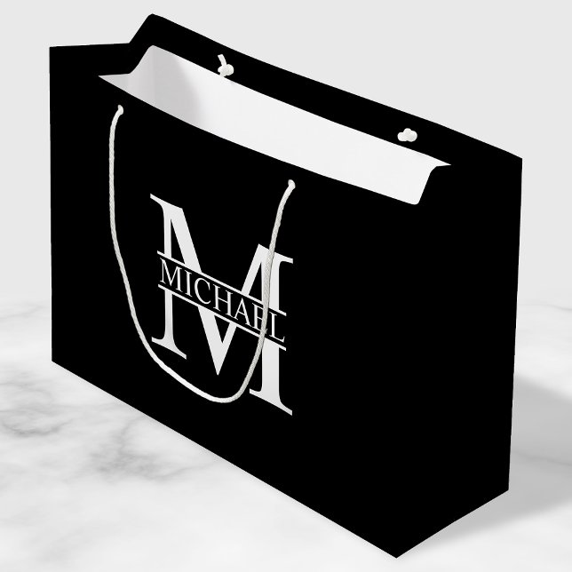 Grand Sac Cadeau Monogramme et nom personnalisés noir et blanc (Créateur téléchargé)