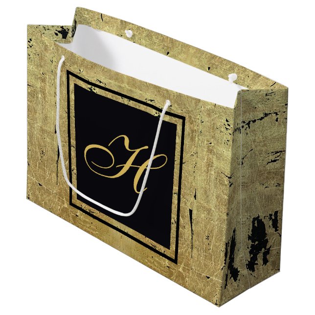 Grand Sac Cadeau Monogramme feuille or (Devant Angle)