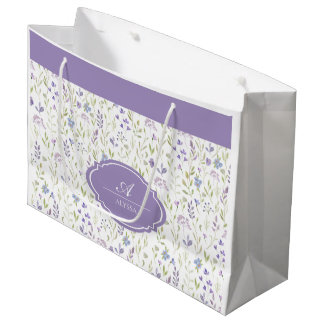 Grand Sac Cadeau Monogramme floral personnalisé violet