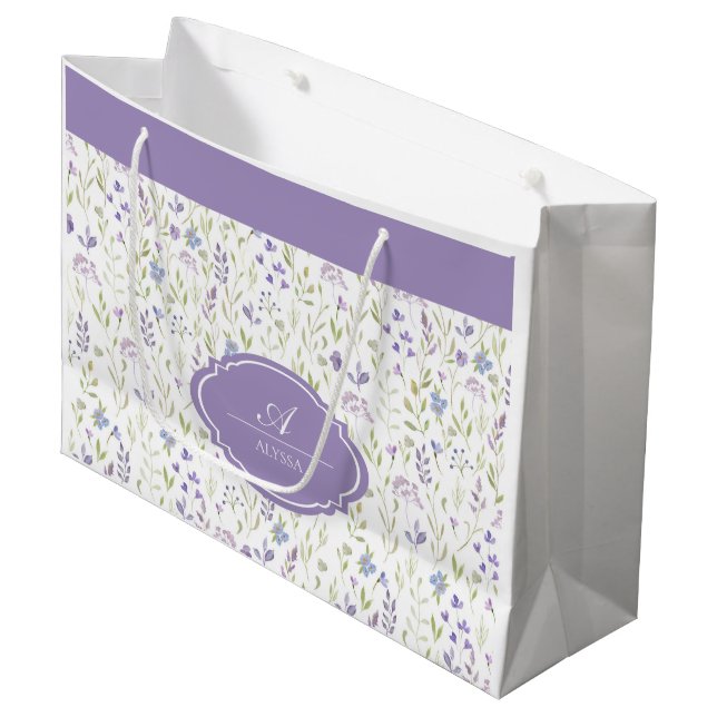 Grand Sac Cadeau Monogramme floral personnalisé violet (Devant Angle)