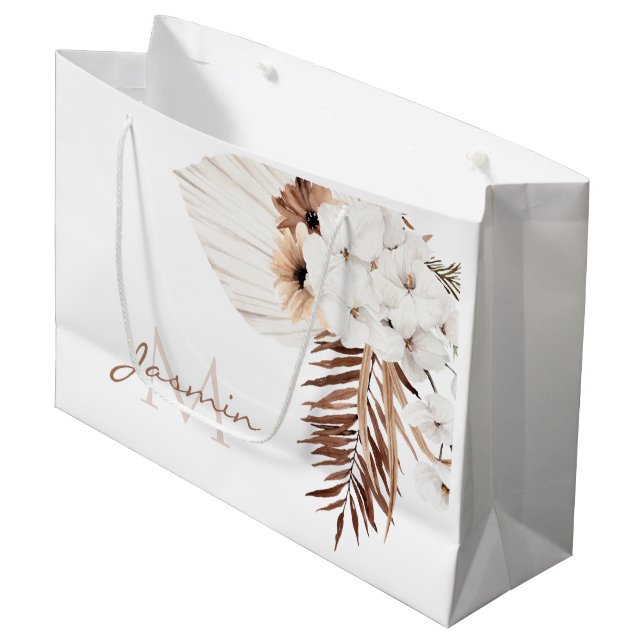 Grand Sac Cadeau Monogramme floral rustique boho à herbe de Pampas (Devant Angle)