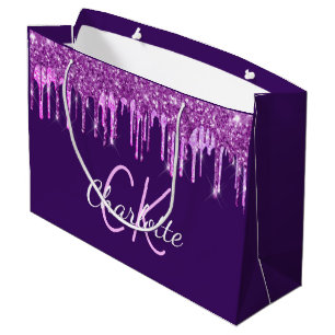 Grand Sac Cadeau Monogramme gouttes de rose paillettes violettes