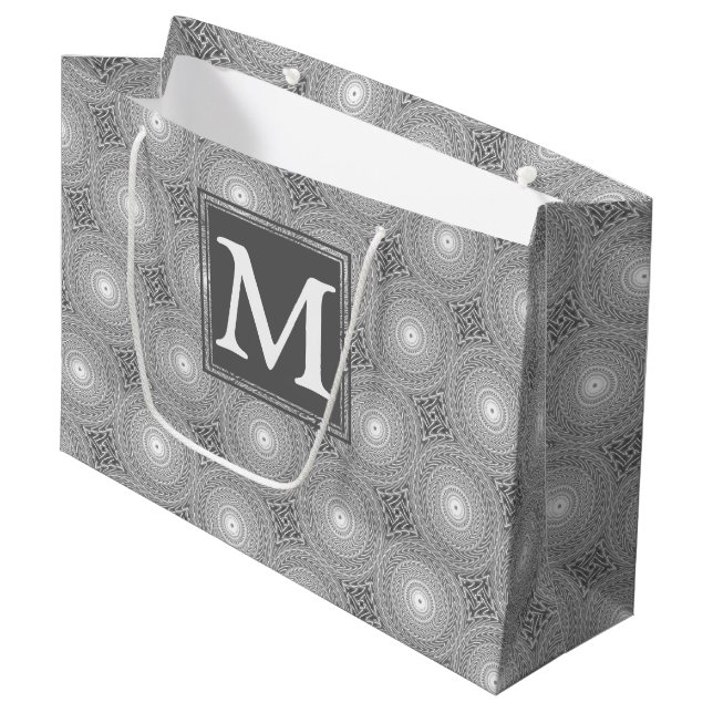 Grand Sac Cadeau Monogramme gris cercles motif (Devant Angle)
