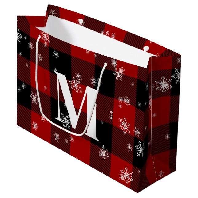 Grand Sac Cadeau Monogramme Initial de Plaid Rouge & Flocons Hiver (Devant Angle)