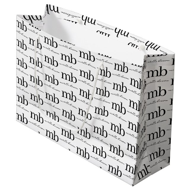 Grand Sac Cadeau Monogramme Initial de Style Moderne Noir et Blanc (Devant Angle)