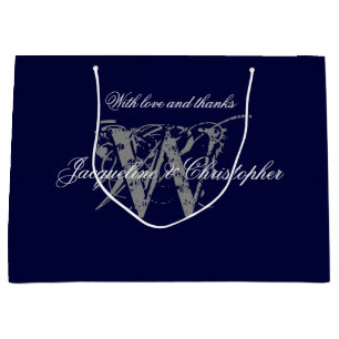 Grand Sac Cadeau Monogramme Marine Bleu Argent Blanc Élégant Mariag