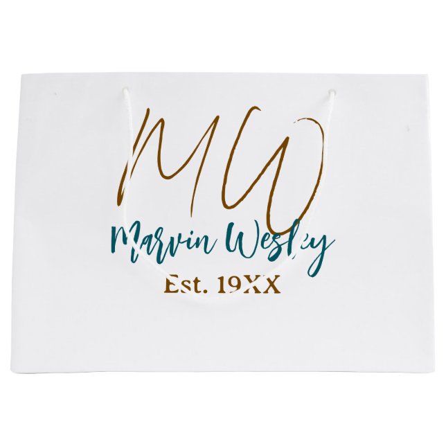 Grand Sac Cadeau Monogramme marron bleu turquoise année simple mini (Devant)