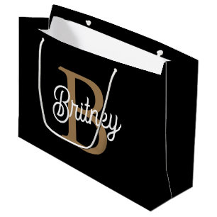 Grand Sac Cadeau Monogramme moderne élégant Nom Black Gold Script