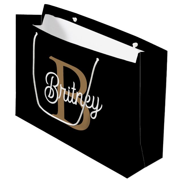 Grand Sac Cadeau Monogramme moderne élégant Nom Black Gold Script (Devant Angle)