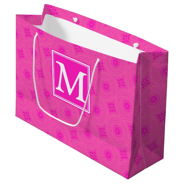 Grand Sac Cadeau Monogramme motif rose chaud cercles (Devant Angle)