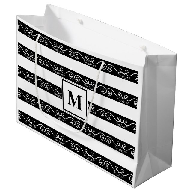 Grand Sac Cadeau Monogramme Noir Blanc rayé (Devant Angle)