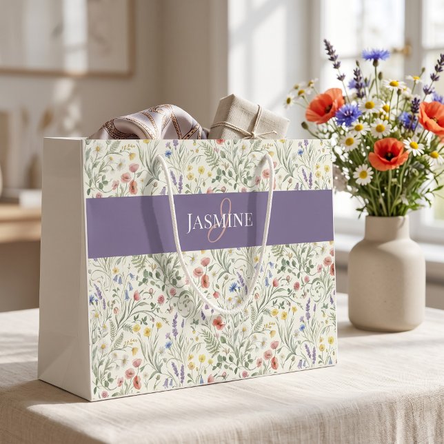 Grand Sac Cadeau Monogramme Nom Fleur Sauvage Boho Lavande Coquelic (Créateur téléchargé)