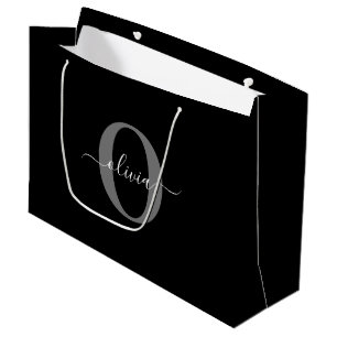 Grand Sac Cadeau Monogramme personnalisé Nom de script noir blanc g