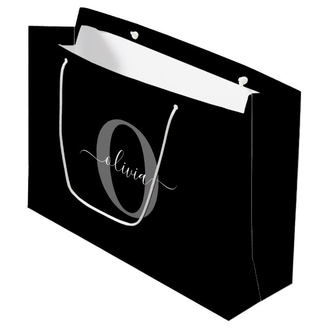 Grand Sac Cadeau Monogramme personnalisé Nom de script noir blanc g (Devant Angle)