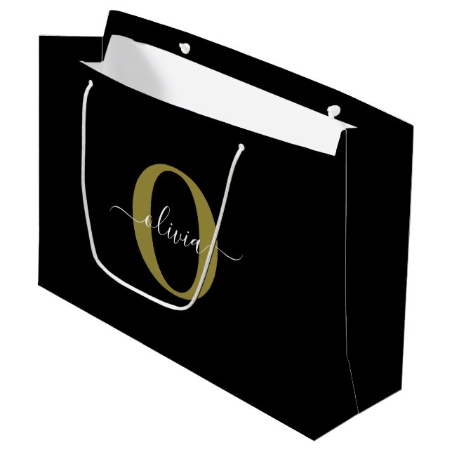 Grand Sac Cadeau Monogramme personnalisé Nom du script Black White  (Devant Angle)