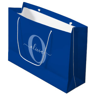 Grand Sac Cadeau Monogramme personnalisé Nom du script Bleu Blanc