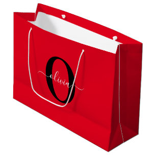 Grand Sac Cadeau Monogramme personnalisé Nom du script Rouge Noir B