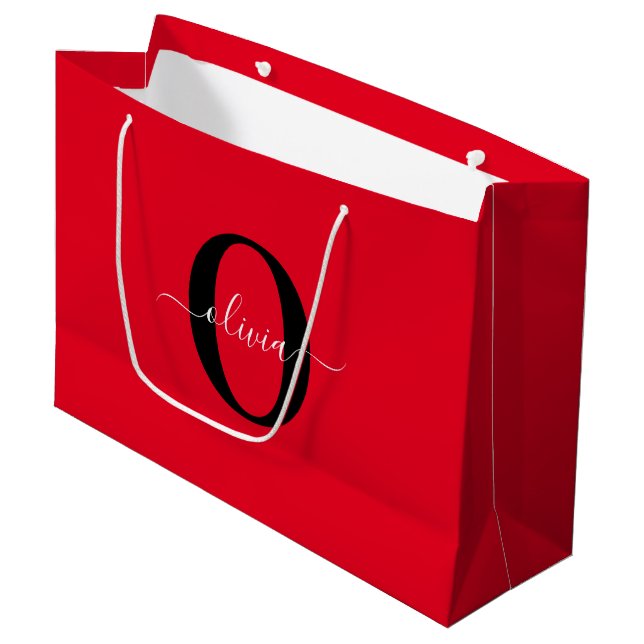 Grand Sac Cadeau Monogramme personnalisé Nom du script Rouge Noir B (Devant Angle)