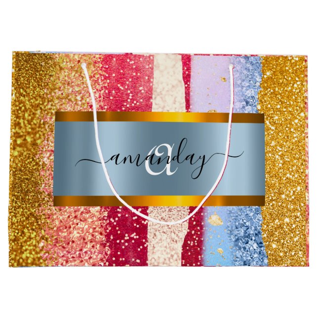 Grand Sac Cadeau Monogramme royal encadré Parties scintillant dorée (Dos)