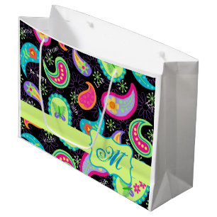 Grand Sac Cadeau Monogramme vert citron noir personnalisé Paisley