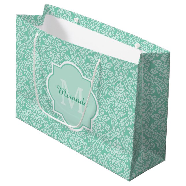 Grand Sac Cadeau Monogramme vert de menthe élégant avec nom (Devant Angle)