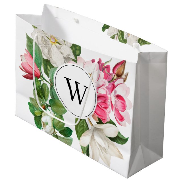 Grand Sac Cadeau Monogramme vintage blanc et rose des fleurs de Mag (Devant Angle)