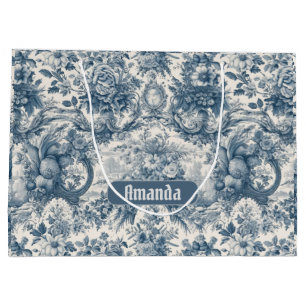 Grand Sac Cadeau monogramme vintage fleuri Blue toile de jouy