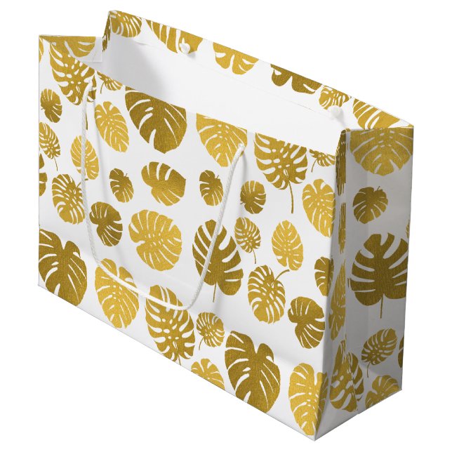Grand Sac Cadeau Monstère d'or moderne Feuille Tropical Motif (Devant Angle)