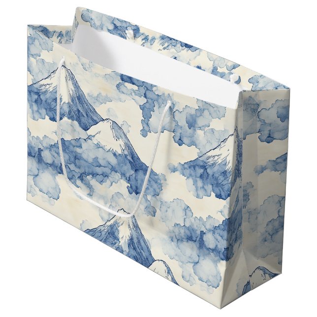 Grand Sac Cadeau Montagnes enneigées bleu blanc équilibrées (Devant Angle)