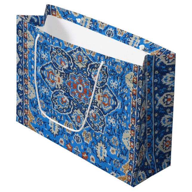 Grand Sac Cadeau Moquette Perse Turc Bleu Antique (Devant Angle)
