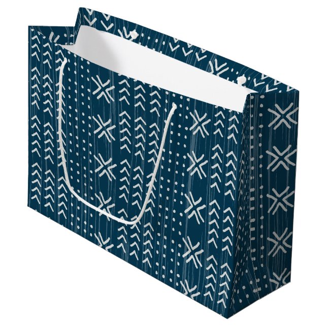 Grand Sac Cadeau Motif africain moderne en tissu bleu boue (Devant Angle)