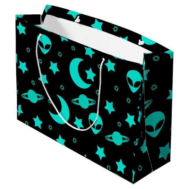 Grand Sac Cadeau Motif Alien turquoise avec étoiles et lunes (Dos Angle)