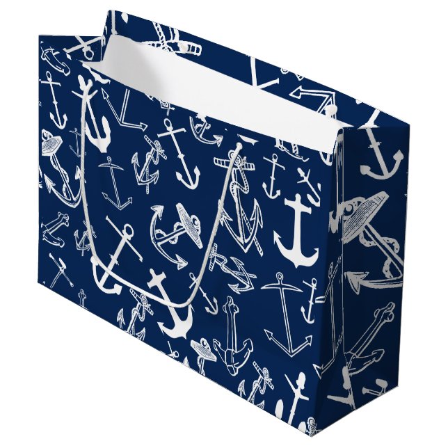 Grand Sac Cadeau Motif Ancre bleu marine (Devant Angle)