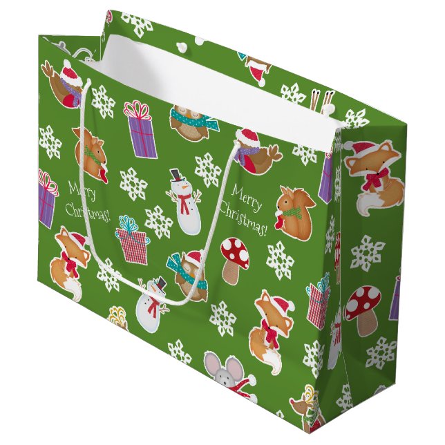 Grand Sac Cadeau Motif animal de bois vert Joyeux Noël (Devant Angle)