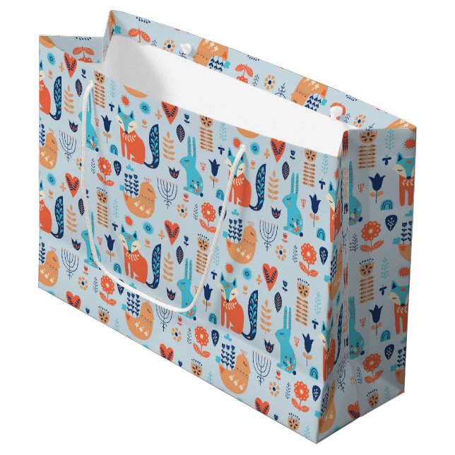 Grand Sac Cadeau Motif animal de région boisée d'art populaire (Devant Angle)