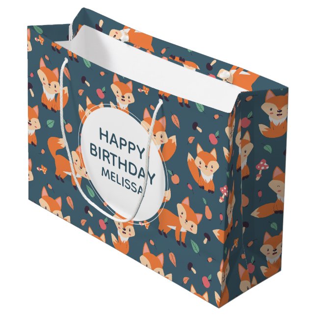 Grand Sac Cadeau Motif animal du renard orange mignon Anniversaire (Devant Angle)