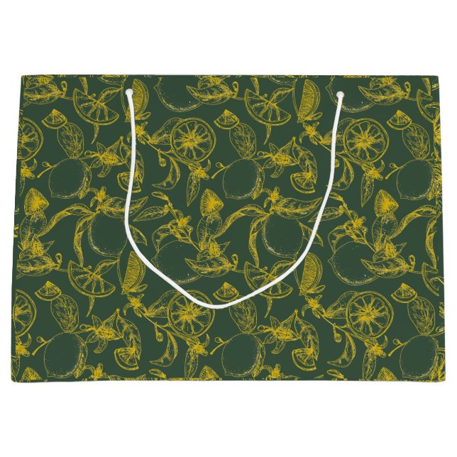 Grand Sac Cadeau Motif botanique de citron sur fond vert avec étiqu (Devant)