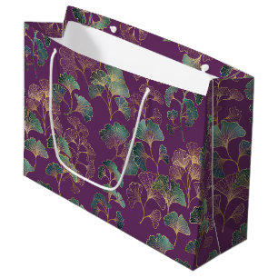 Grand Sac Cadeau Motif botanique japonais Ginkgo or pourpre