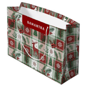 Grand Sac Cadeau Motif carreaux et houx de Noël classique vintage