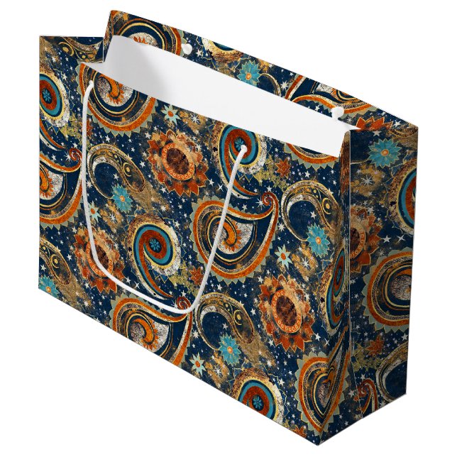 Grand Sac Cadeau Motif Celestial Paisley Marine Bleu, Orange, Or (Devant Angle)