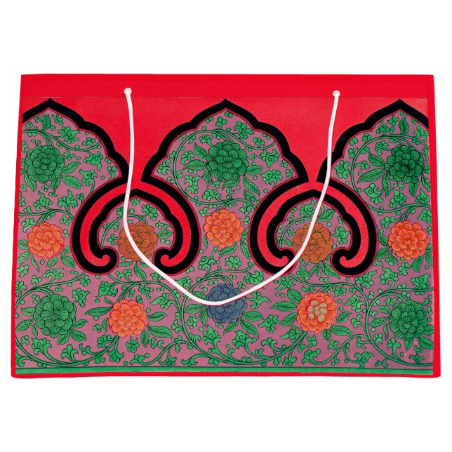 GRAND SAC CADEAU MOTIF CHINOIS FLORAL ANTIQUE DANS UN CADEAU ROUGE (Devant)