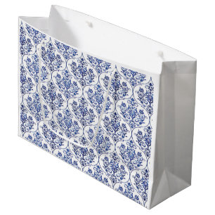 Grand Sac Cadeau Motif Damas fleuri - bleu + votre idée