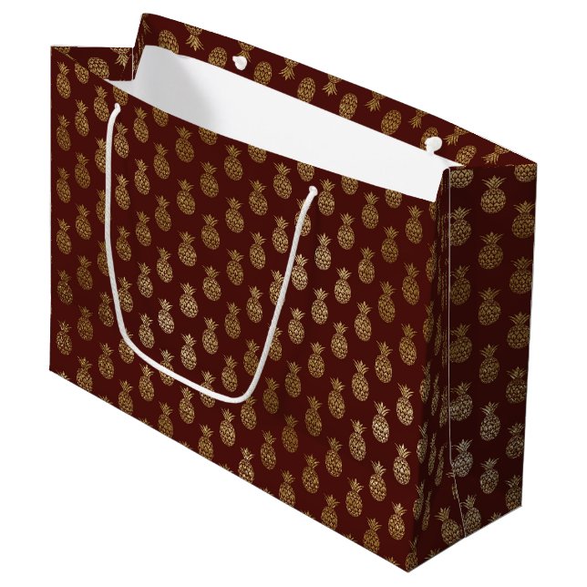 Grand Sac Cadeau Motif d'ananas Bourgogne et d'huile d'or (Devant Angle)