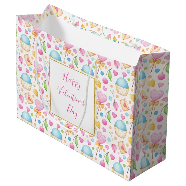 Grand Sac Cadeau Motif d'aquarelle douce Coeurs et Cupcakes (Devant Angle)