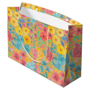 Grand Sac Cadeau Motif d'aquarelle florale en jaune