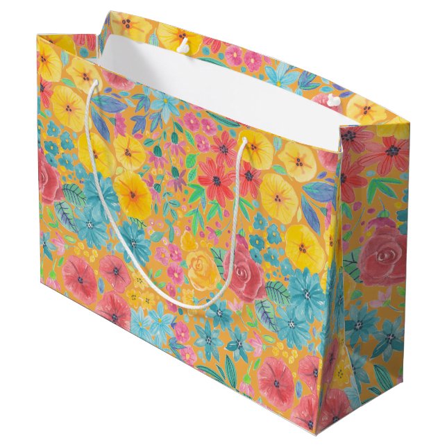 Grand Sac Cadeau Motif d'aquarelle florale en jaune (Dos Angle)