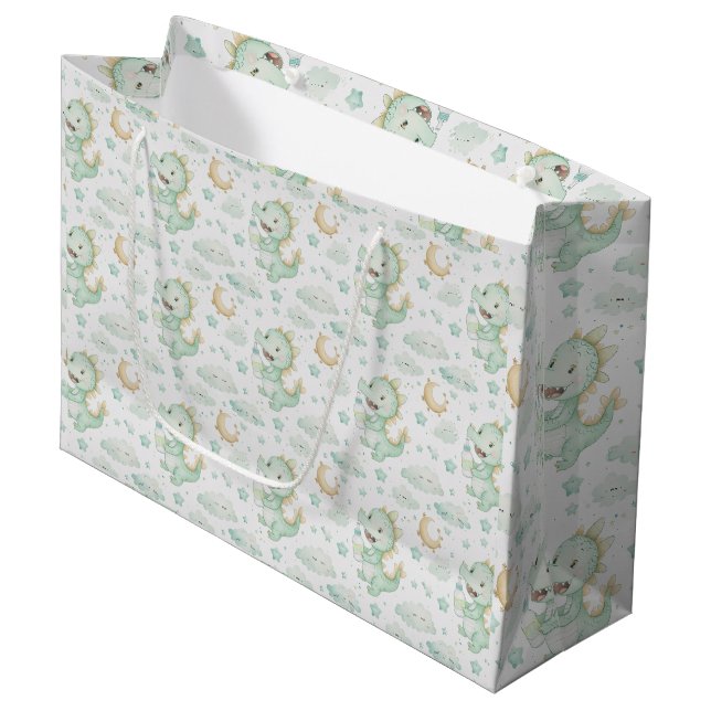 Grand Sac Cadeau Motif d'aquarelle Green Dragon Baby Pastel (Devant Angle)